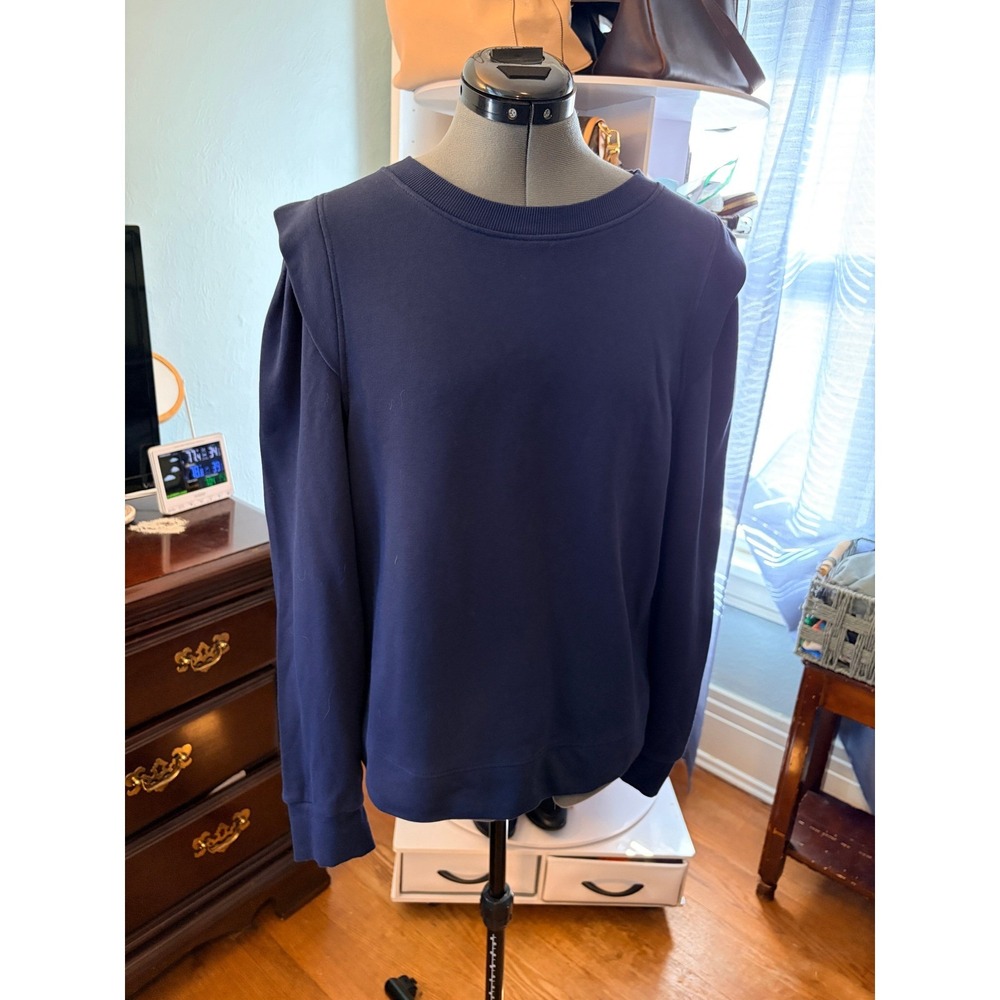 Loft Sweatshirt Large Navy Blue Pleated Shoulder Crew Neck French Terry Preppy